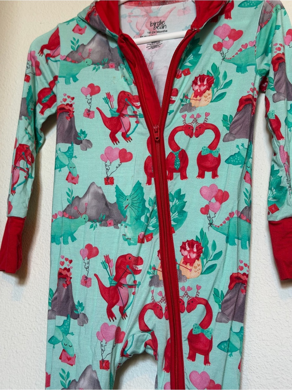 Birdie Bean Mint Dino Zip Romper with Red Trim